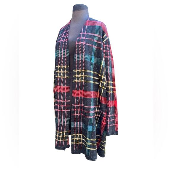 CJ Banks Plaid Cozy Gold Metallic Holiday Preppy Glam Open Sweater Cardigan 2X - Picture 2 of 7